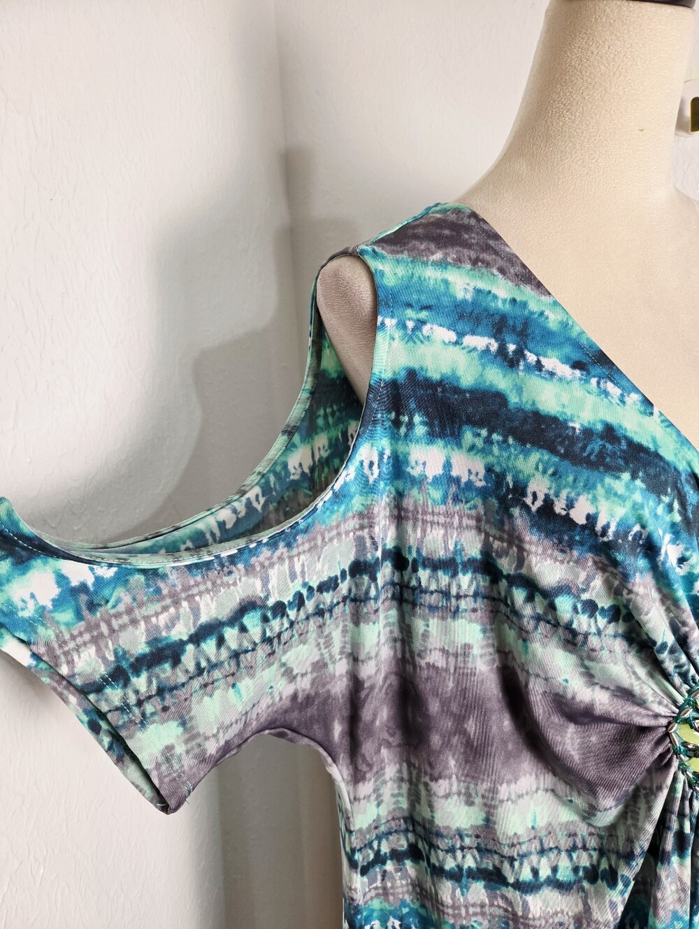 VENUS Teal, Blue, Purple Cold-Shoulder Dress with Rhinestones, Size 3X - Picture 6 of 11